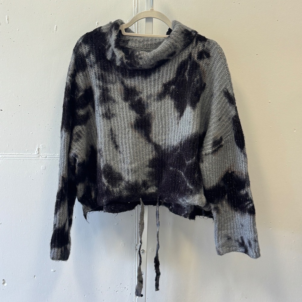 Vintage Havana Tie Dye Cowl Neck Cropped Sweater Grey Black CC9615 Womens Medium